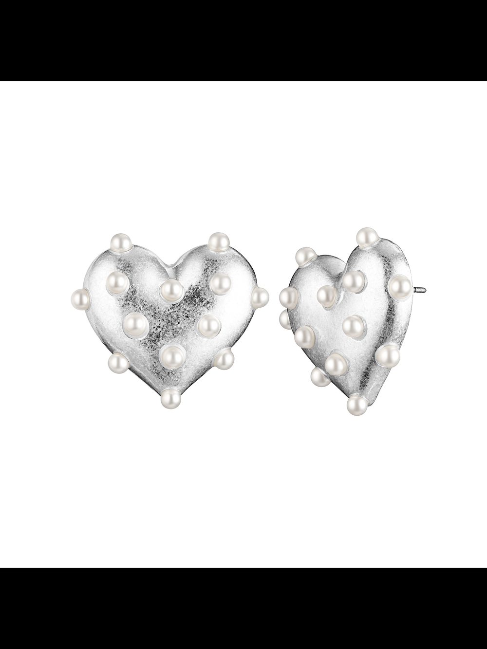 Silver Heart Stud Earrings with Pearl Accents